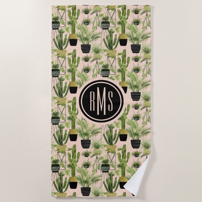 Serviette De Plage Monogramme | Oasis intérieure | Motif de ligne Pla (Devant)