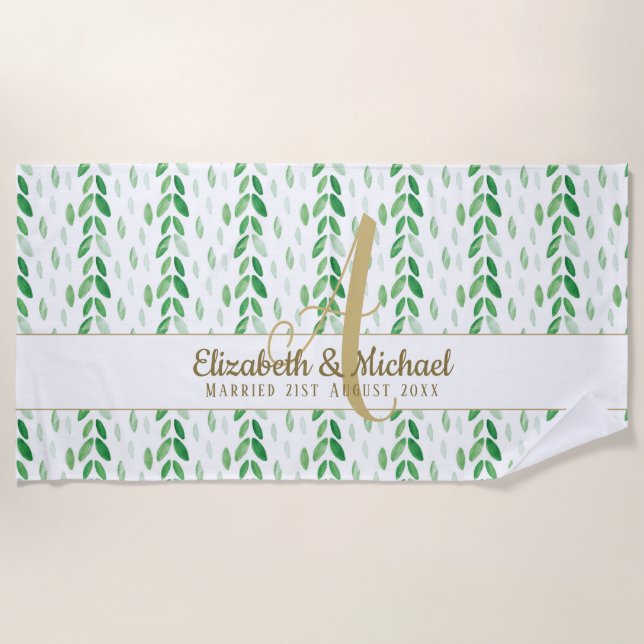 Serviette De Plage Monogramme or Aquarelle botanique Verdure Mariage (Devant)