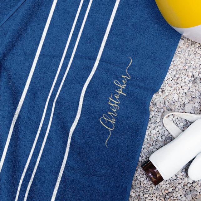 Serviette De Plage Monogramme Or Marine Bleu Blanc Racing Stripes Poo (Gold Monogram Navy Blue White Racing Stripes Pool Beach Towel)