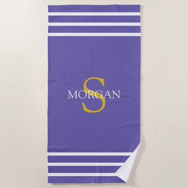 Serviette De Plage Monogramme Or/Nom Blanc Blancs, Violet (Devant)