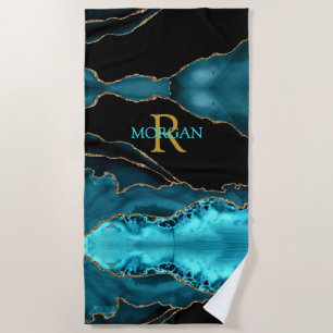 Serviette De Plage Monogramme Or & Nom Turquoise, Or Noir & Agate Tur