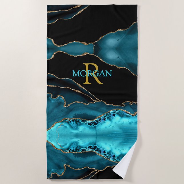 Serviette De Plage Monogramme Or & Nom Turquoise, Or Noir & Agate Tur (Devant)