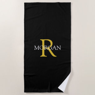 Serviette De Plage Monogramme Or tendance & Nom blanc, Noir