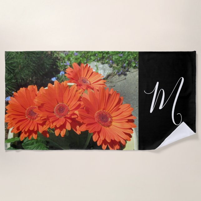 Serviette De Plage Monogramme Orange Daisy Photo (Devant)