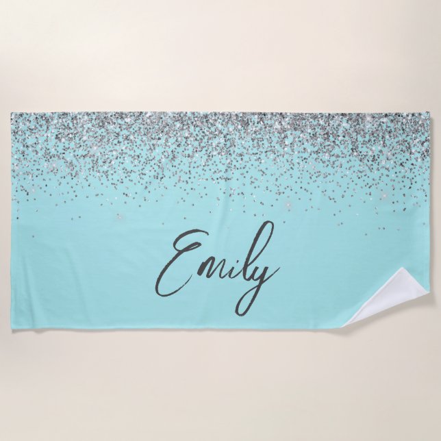 Serviette De Plage Monogramme Pailleté Aqua Bleu Turquoise Argent (Devant)