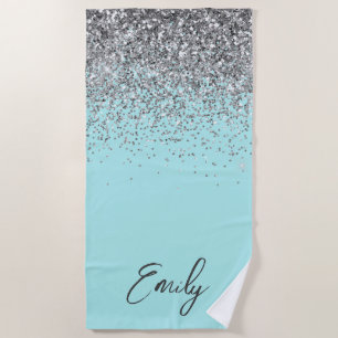 Serviette De Plage Monogramme Pailleté Argent Bleu Aqua Turquoise