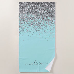 Serviette De Plage Monogramme Pailleté Bleu Aqua Turquoise Argent