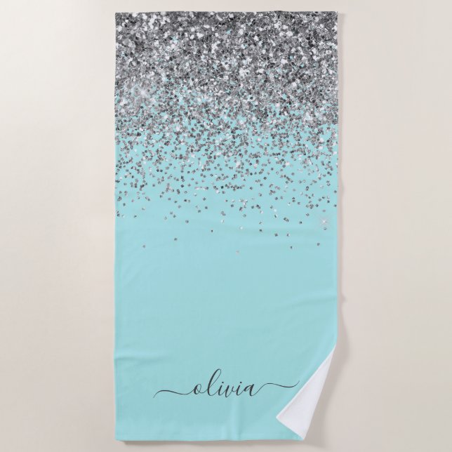 Serviette De Plage Monogramme Pailleté Bleu Aqua Turquoise Argent (Devant)