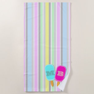 Serviette De Plage Monogramme Pastel Stripes et Popsicles