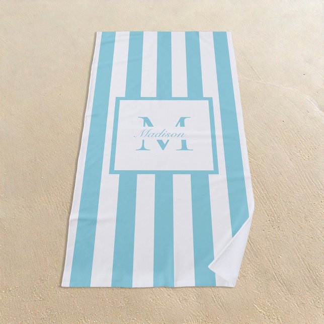 Serviette De Plage Monogramme personnalisé bleu esthétique rétro (Créateur téléchargé)
