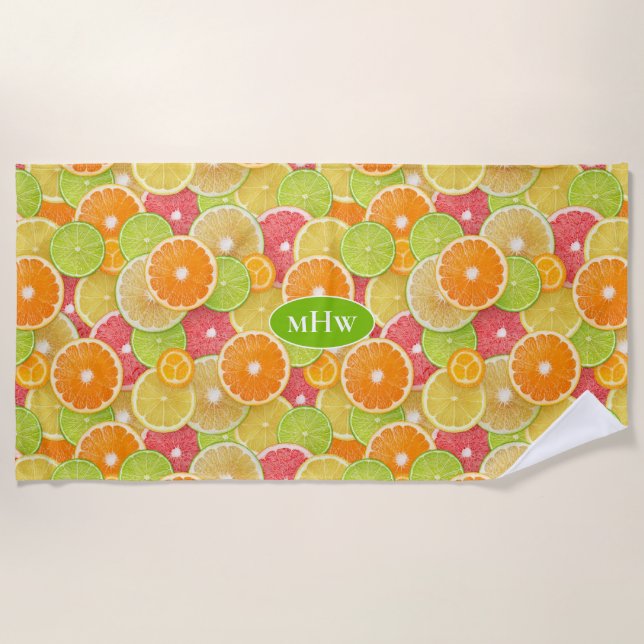Serviette De Plage monogramme personnalisé Citrus coloré (Devant)
