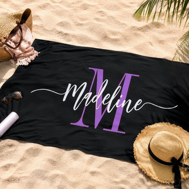 Serviette De Plage Monogramme personnalisé de nom élégant noir violet (Créateur téléchargé)