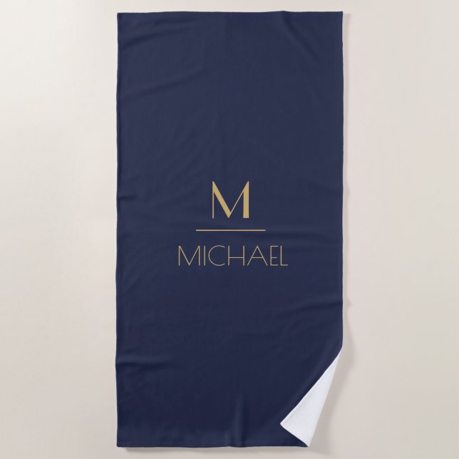 Serviette De Plage Monogramme Personnalisé | Nom Bleu Marine & Or (Devant)