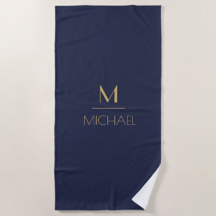 Serviette De Plage Monogramme personnalisé Nom Marine & Or