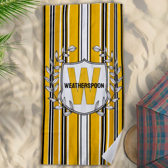 Serviette De Plage Monogramme Personnalisé Yellow Black Strips (Créateur téléchargé)