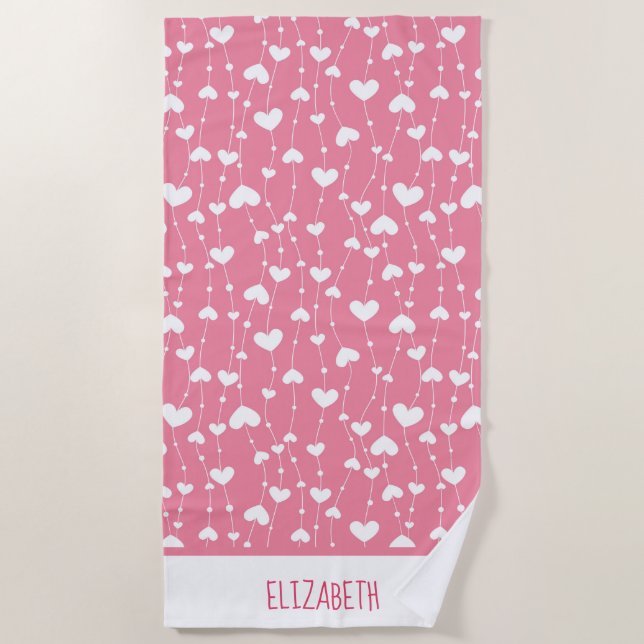 Serviette De Plage Monogramme Personnaliser les Coeurs Blancs Rose (Devant)