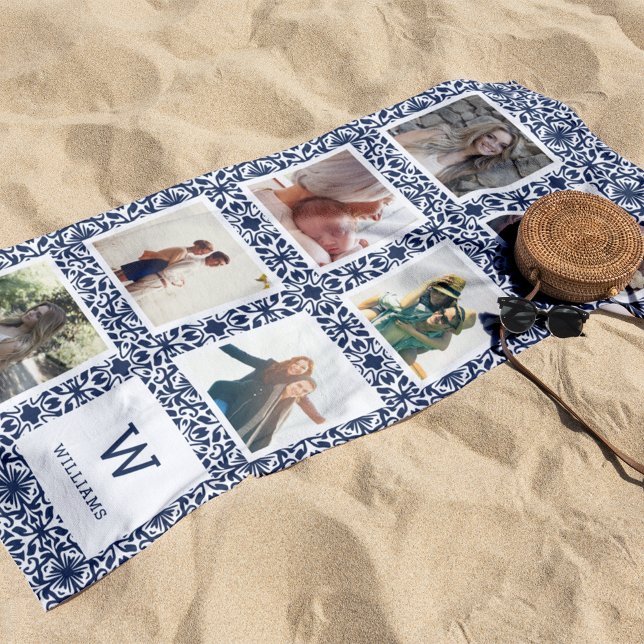 Serviette De Plage Monogramme photo à motif blanc et marine (Créateur téléchargé)