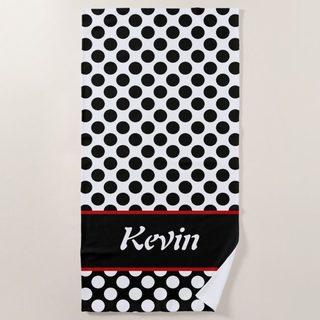 Serviette de plage Monogramme Polka Noir & Blanc (Devant)