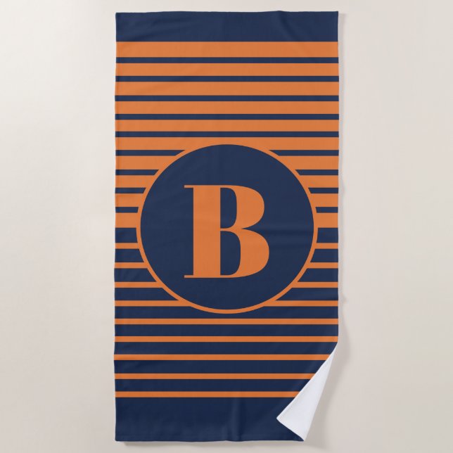 Serviette De Plage Monogramme rayé bleu orange de la marine (Devant)