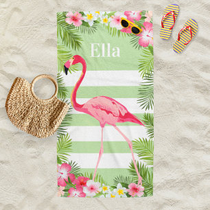 Serviette De Plage Monogramme Rayure de Flamant Vert Tropical