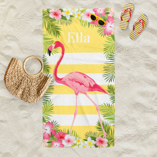 Serviette De Plage Monogramme Rayure Flamant Jaune Tropical