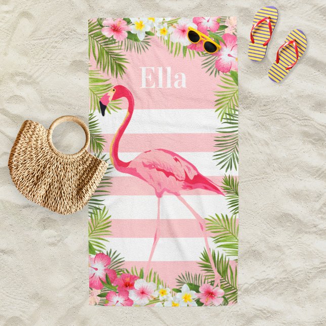 Serviette De Plage Monogramme Rayure Flamant Rose Tropical (Créateur téléchargé)