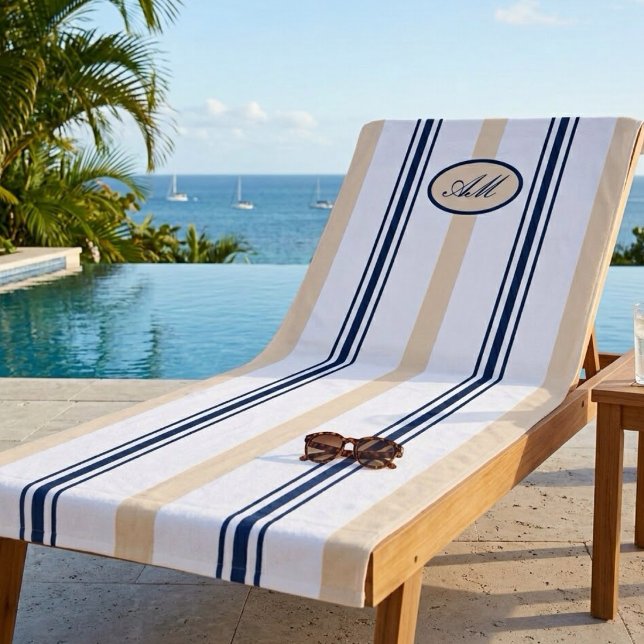 Serviette De Plage Monogramme rayures bleu marine et sable tan (Créateur téléchargé)