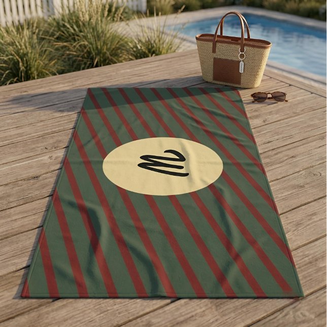Serviette De Plage Monogramme rayures vert forêt et bordeaux Prépa (Créateur téléchargé)