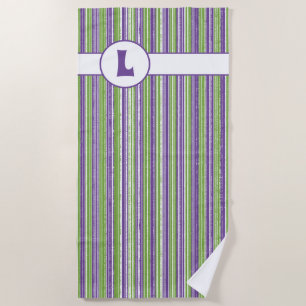 Serviette De Plage Monogramme rayures violettes, vertes et blanches