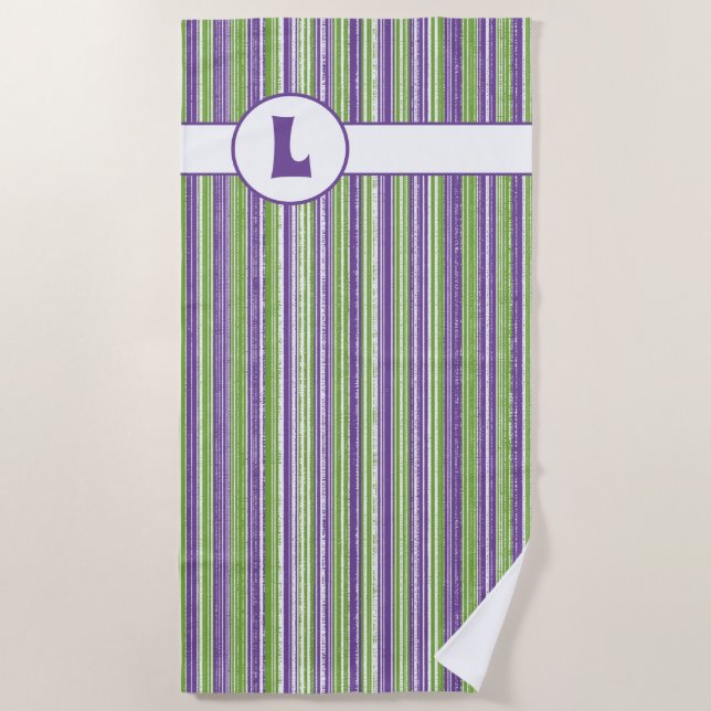 Serviette De Plage Monogramme rayures violettes, vertes et blanches (Devant)
