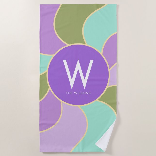 Serviette De Plage Monogramme Rétro Sun Waves Purple et Vert (Devant)