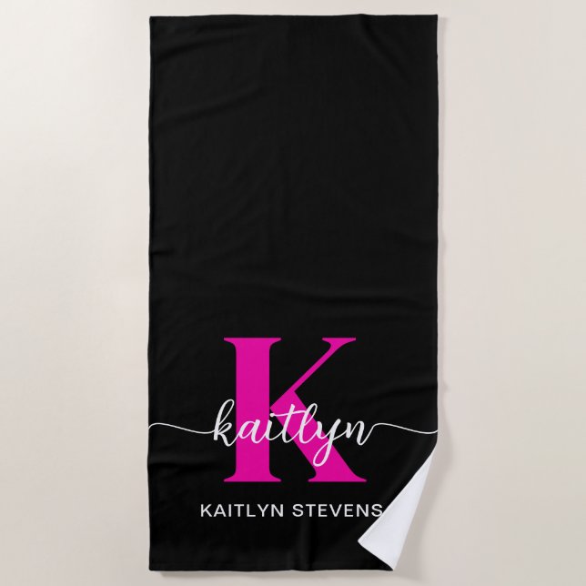 Serviette De Plage Monogramme rose chaud noir (Devant)
