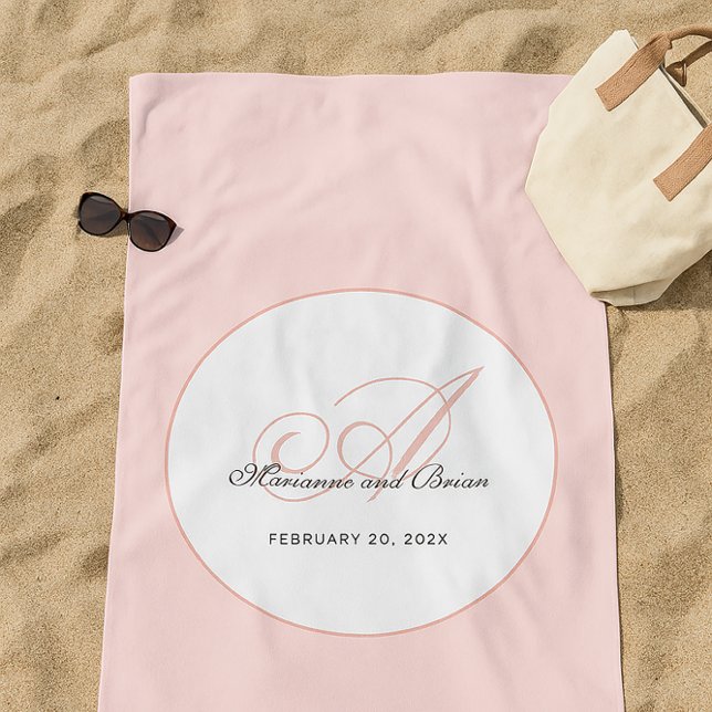 Serviette De Plage Monogramme Rose et Blanc (Wedding anniversary or honeymoon memory gift)