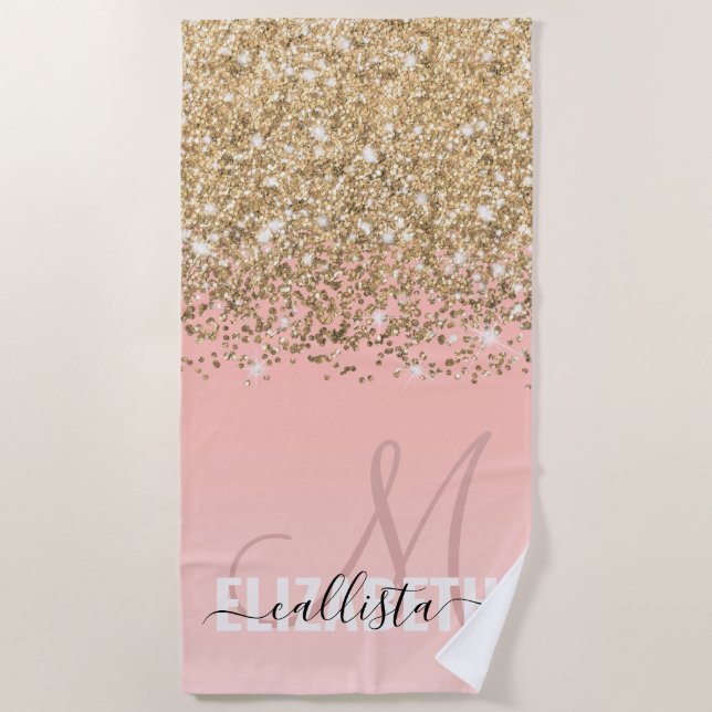 Serviette De Plage Monogramme rose Fille Chic Gold Confetti (Devant)