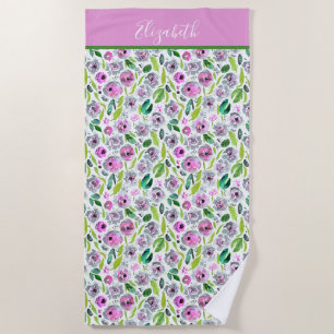 Serviette De Plage Monogramme Rose Gris Vert Bohème Floral Aquarelle