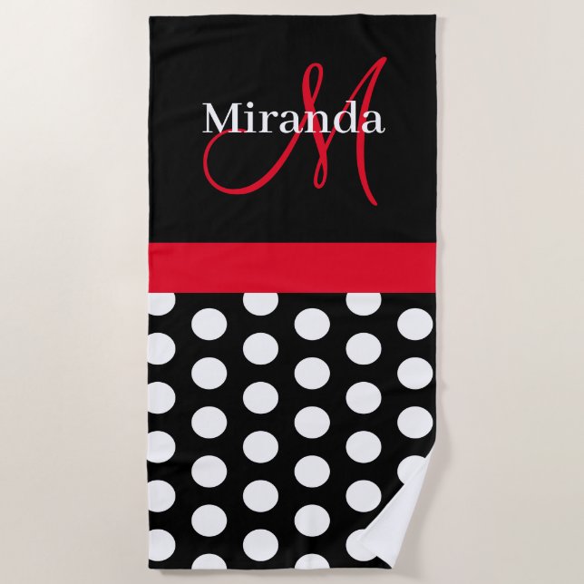Serviette De Plage Monogramme rose noir foncé Point Polka (Devant)