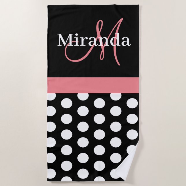 Serviette De Plage Monogramme rose noir foncé Point Polka (Devant)