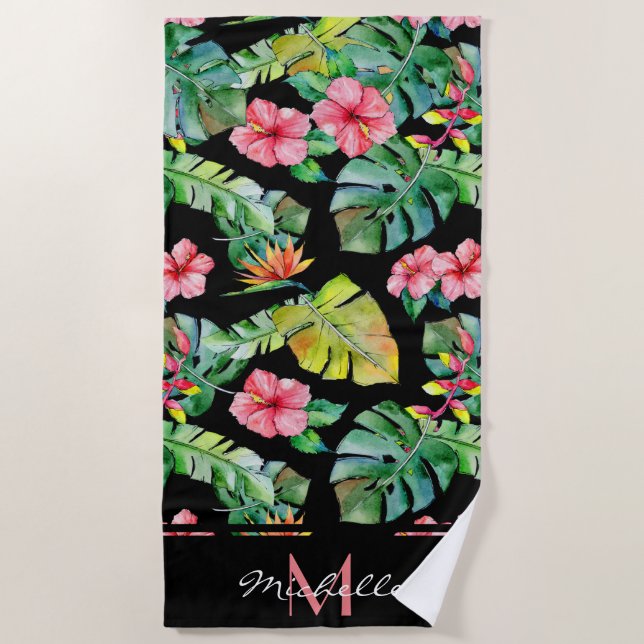 Serviette De Plage Monogramme rose tropicale Hibiscus noir (Devant)