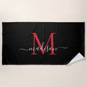 Serviette De Plage Monogramme rouge noir Bourgogne féminine Script fé