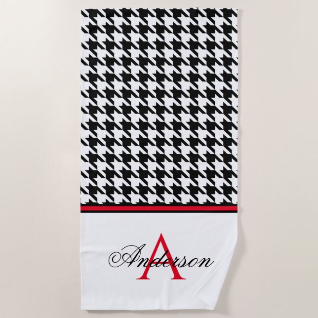 Serviette De Plage Monogramme rouge noir Houndstooth (Devant)