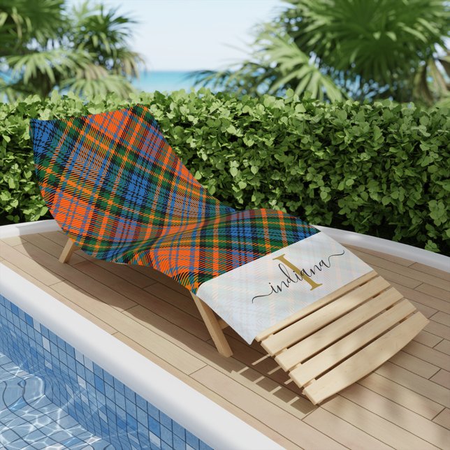 Serviette De Plage Monogramme Rustique Plaid Murray Tartan Personnali (Rustic Plaid Monogram Murray Blue Orange Tartan Beach Towel)