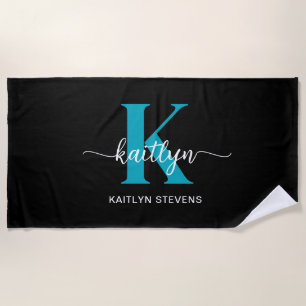 Serviette De Plage Monogramme sarcelle noir