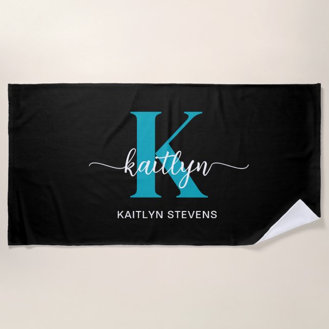 Serviette De Plage Monogramme sarcelle noir (Devant)