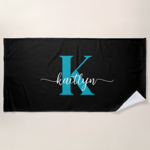 Serviette De Plage Monogramme sarcelle noir