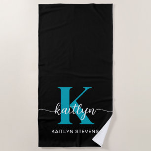 Serviette De Plage Monogramme sarcelle noir
