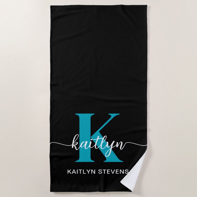 Serviette De Plage Monogramme sarcelle noir (Devant)
