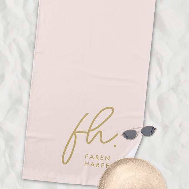 Serviette De Plage Monogramme Script Simple Chic Blush Or Monogramme (Créateur téléchargé)