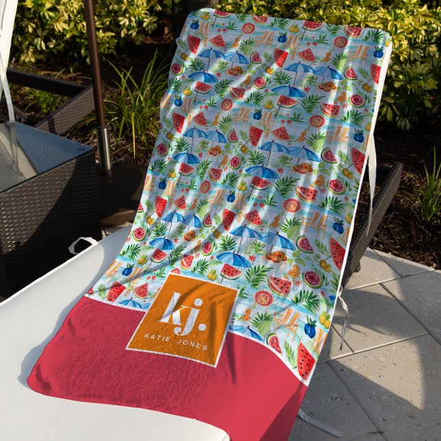 Serviette De Plage Monogramme stylé d'été amusant (Créateur téléchargé)