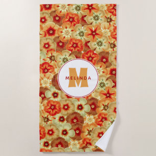 Serviette De Plage Monogramme super Retro Orange Hippie Fleurs