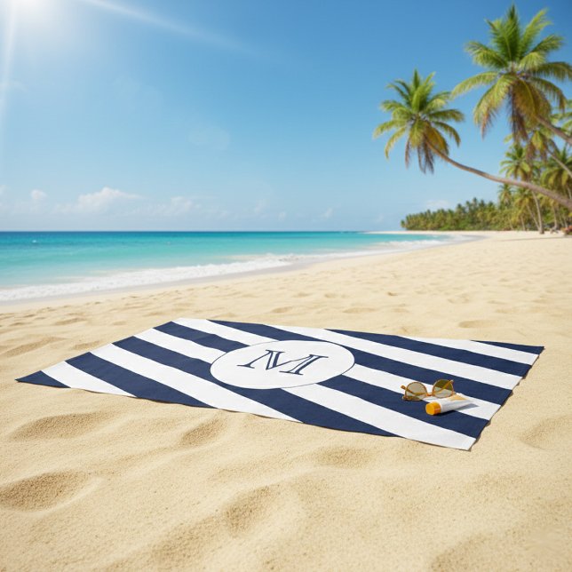 Serviette De Plage Monogramme sur mesure bleu et blanc de la marine n (Créateur téléchargé)